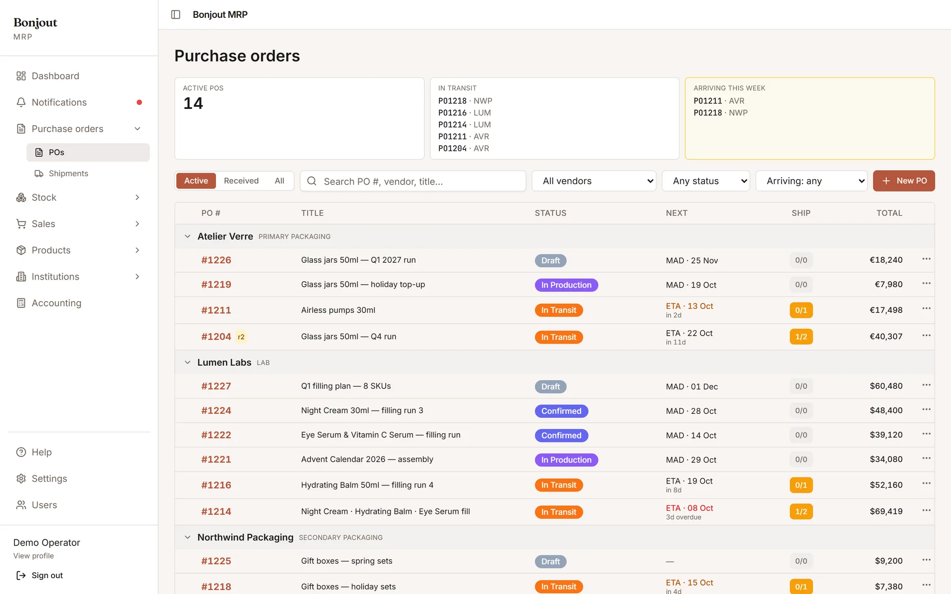 Purchase orders list