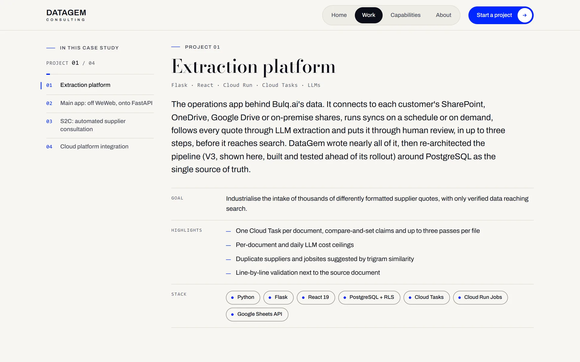 A case study page with its sticky project index