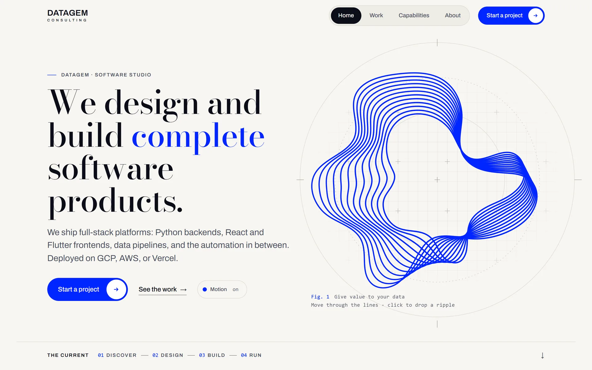 The DataGem home page: the headline beside the logo's 12 lines, drawn live