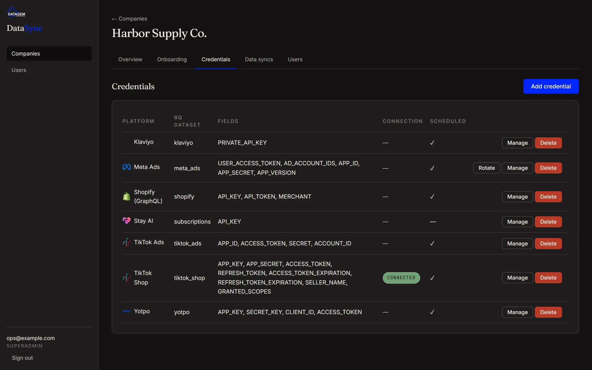 DataSync console (demo tenant): connector inventory