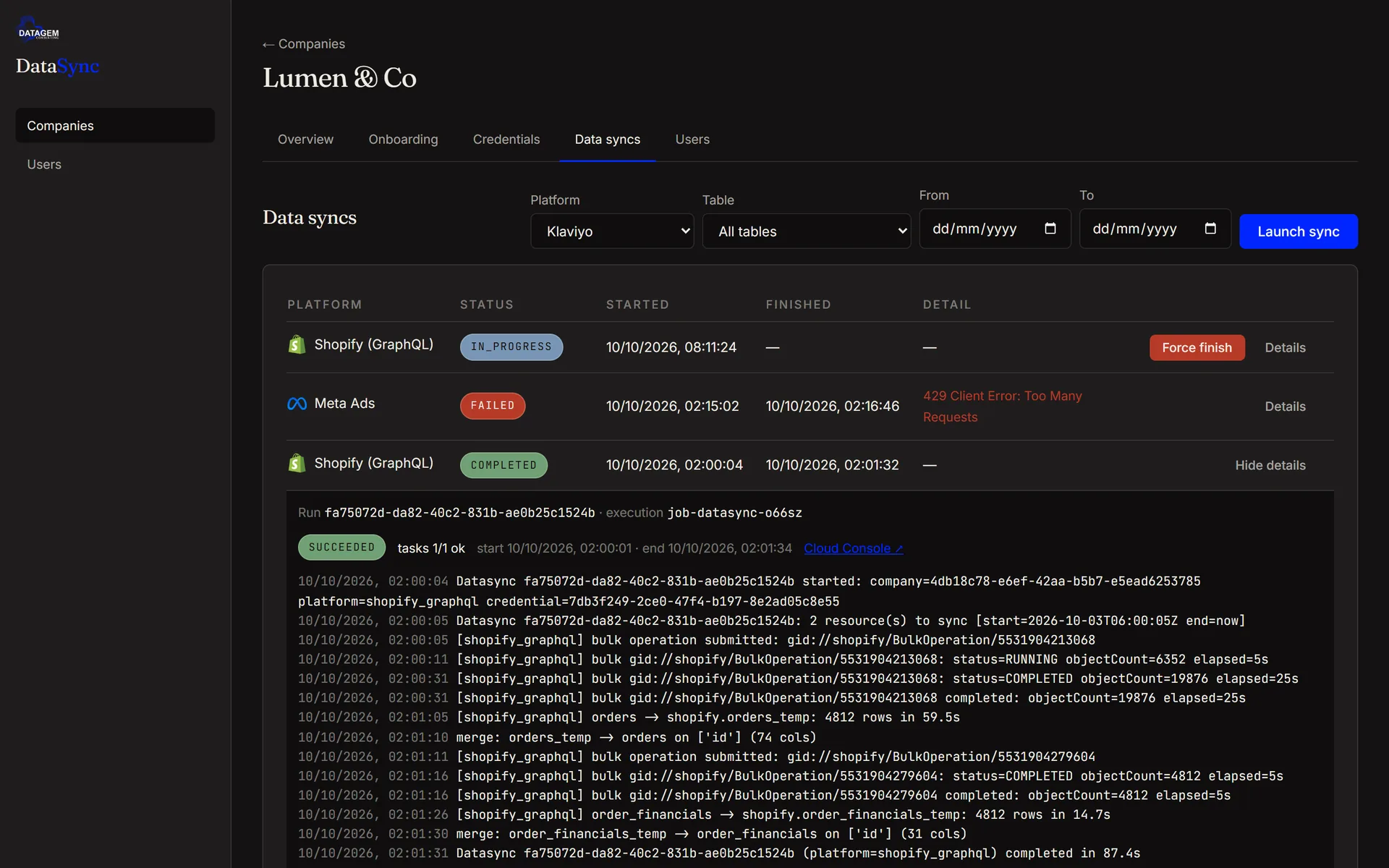 DataSync run history with execution logs