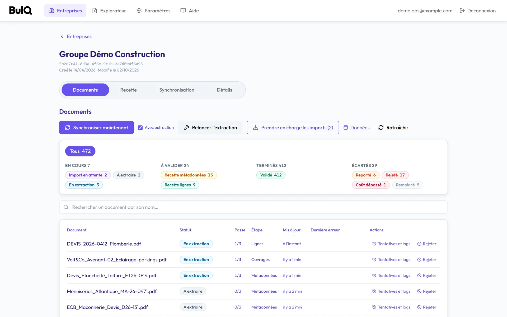 Documents board of the Bulq.ai extraction platform