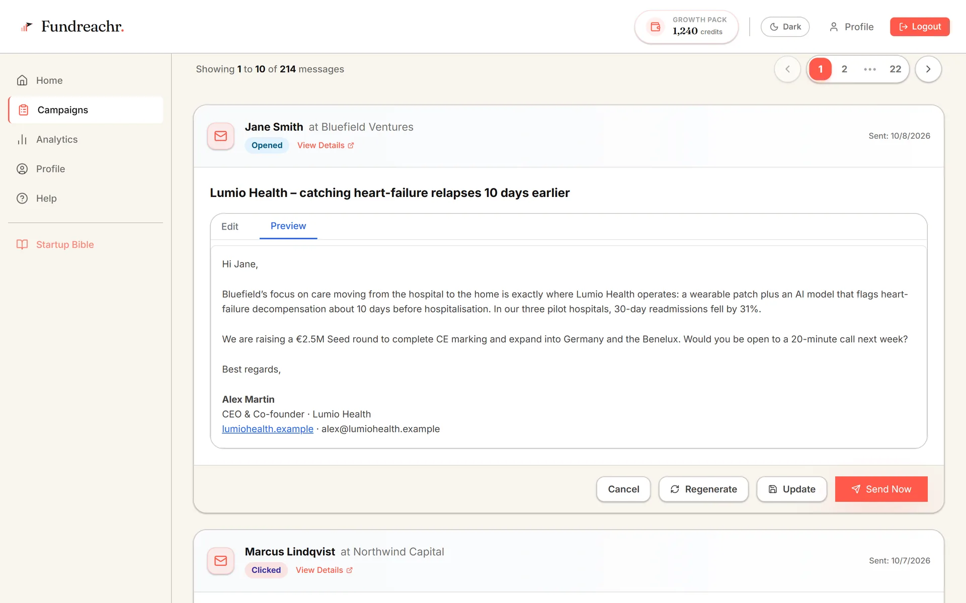 AI-written investor email in the FundReachr campaign workspace