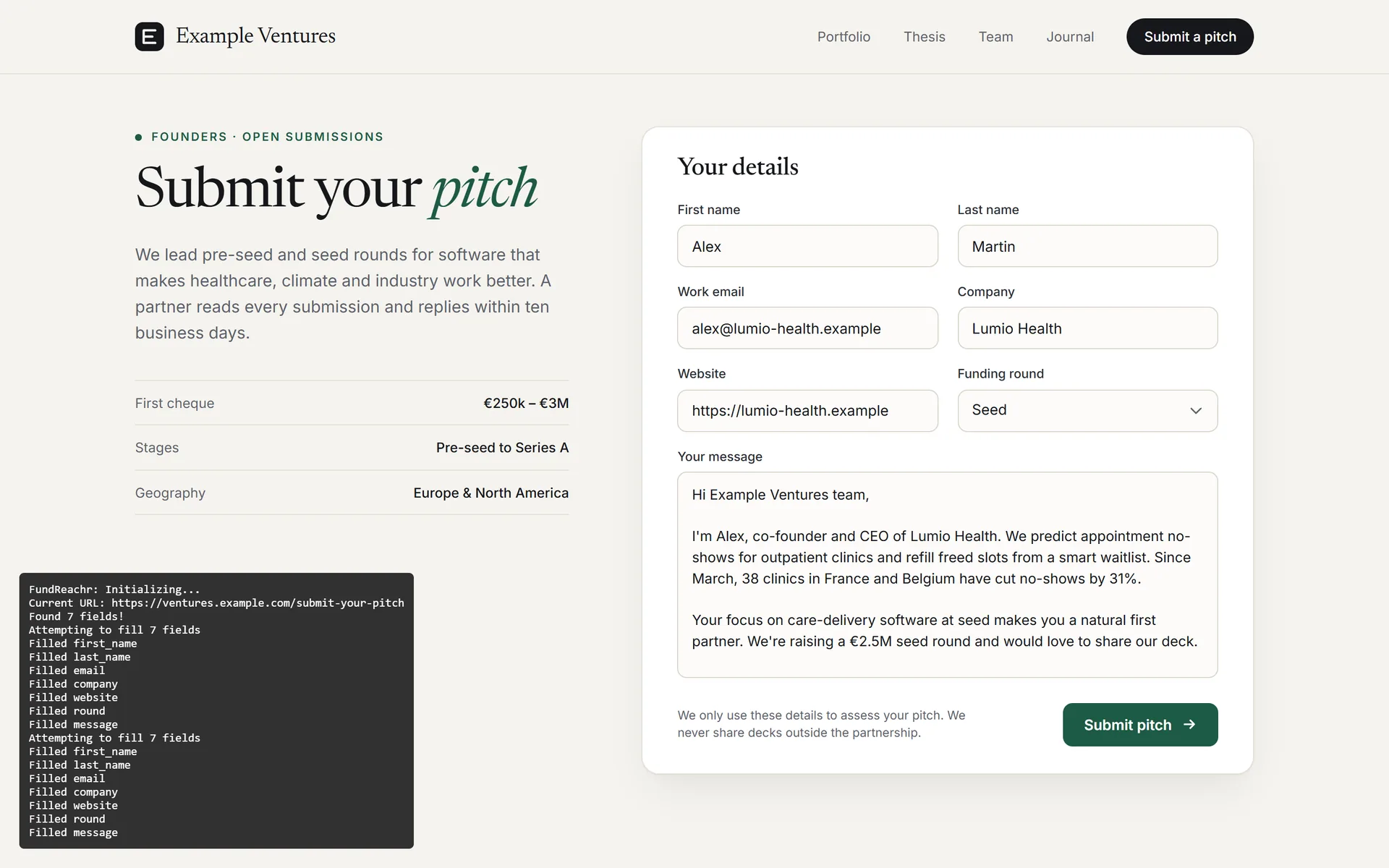 Browser extension auto-filling a VC pitch form