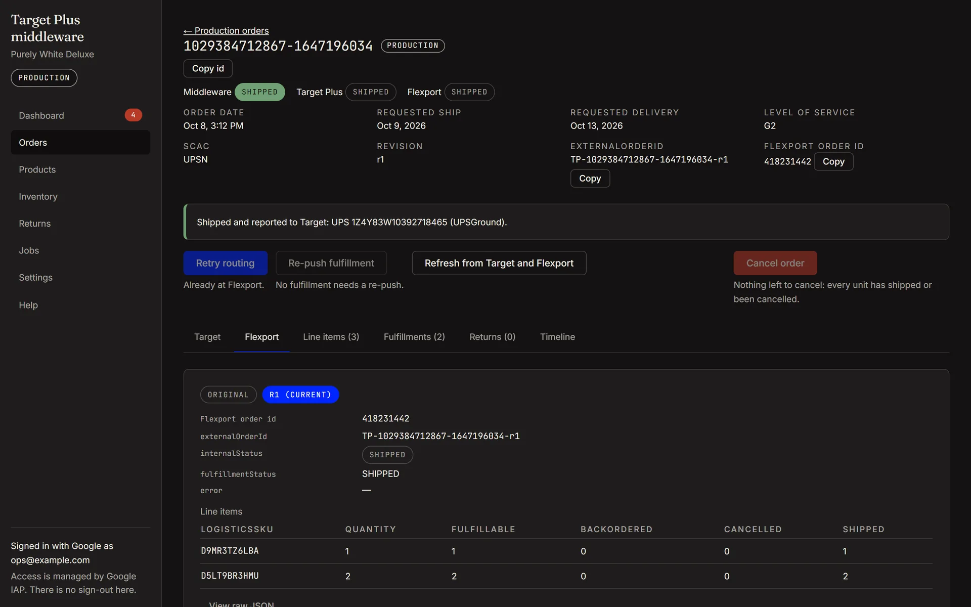 Order detail spanning Target and Flexport